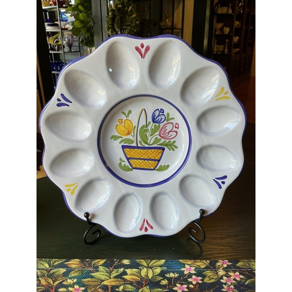 Le Bouquet 11" Deviled Egg Plate Strata Group Hand Painted White Floral